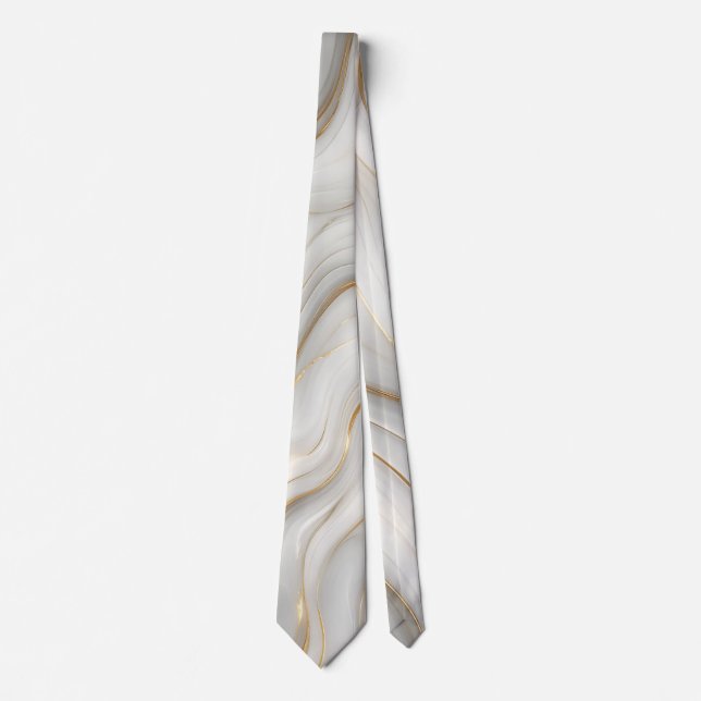 Elegant White Grey & Gold Marble Swirl Luxury Tie (Front)