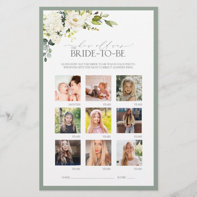 Elegant White Grey Green Bridal Shower Game (Front)