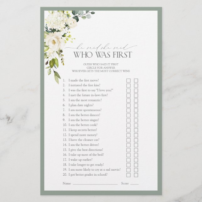 Elegant White Grey Green Bridal Shower Game boxes (Front)