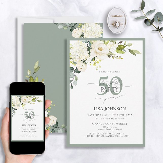 Elegant White Grey Green Floral 50th Birthday Invitation (Creator Uploaded)