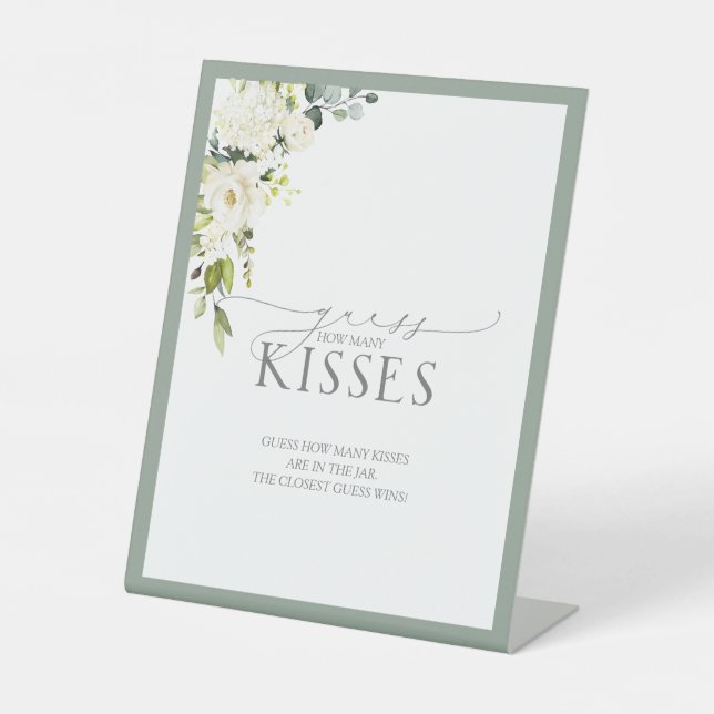 Elegant White Grey Green Floral How Many Kisses Pedestal Sign (Front)