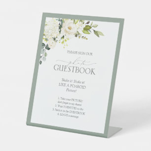 Elegant White Grey Green Floral Photo Guestbook Pe Pedestal Sign