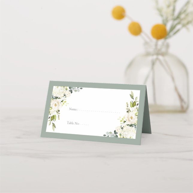 Elegant White Grey Green Floral Reception Place Card (Front)