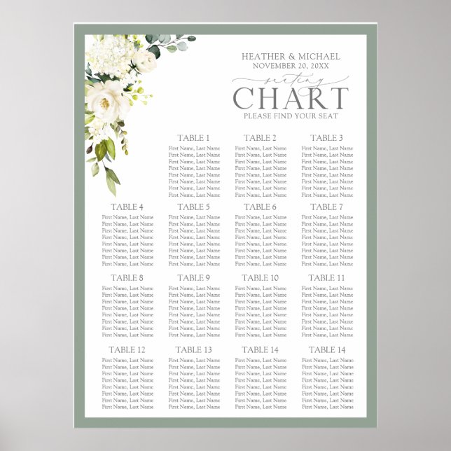 Elegant White Grey Green Floral Reception Seating Poster (Front)
