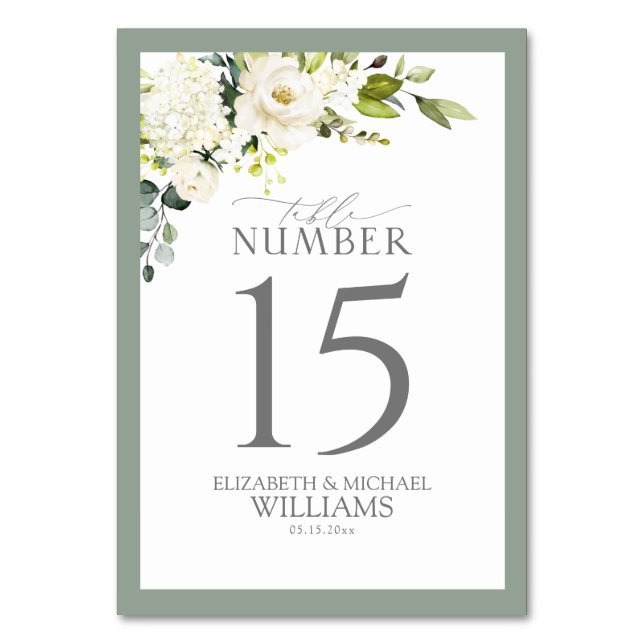Elegant White Grey Green Floral Reception Table Number (Front)