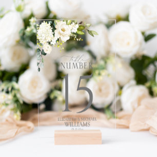 Elegant White Grey Green Floral Table Number Acrylic Sign