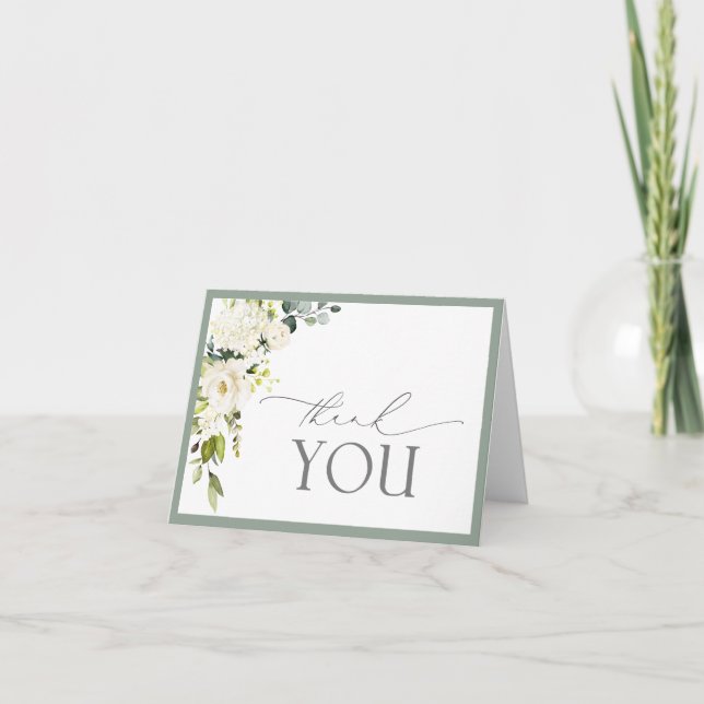 Elegant White Grey Green Floral Thank You Card (Front)