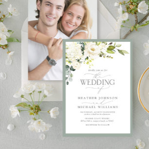 Elegant White Grey Green Floral Watercolor Photo Invitation