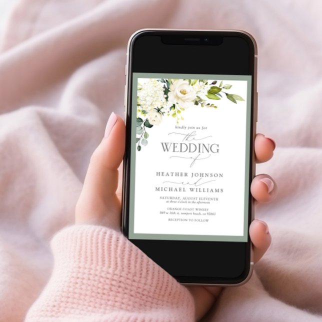 Elegant White Grey Green Floral Watercolor Photo Invitation (Creator Uploaded)