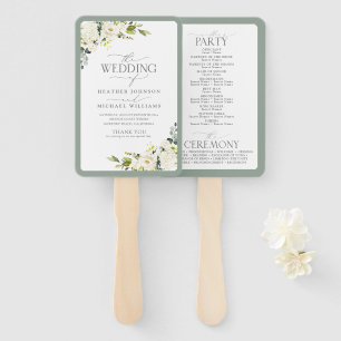 Elegant White Grey Green Floral Watercolor Program Hand Fan