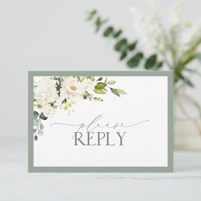 Elegant White Grey Green Floral Watercolor RSVP (Standing Front)