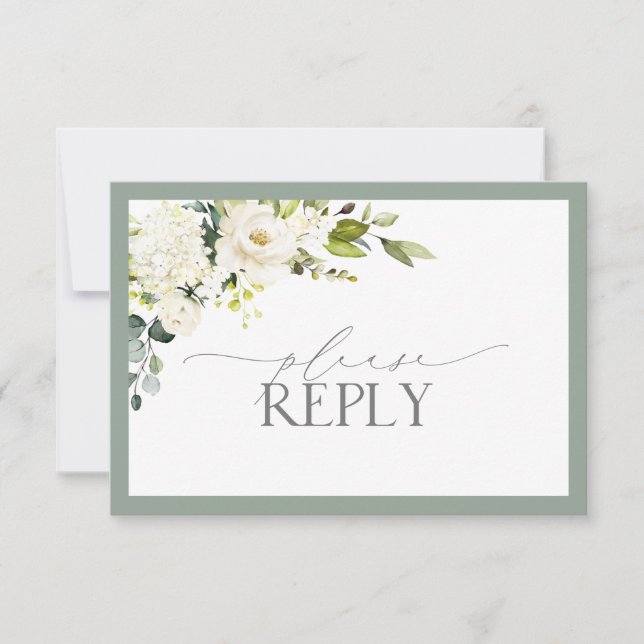 Elegant White Grey Green Floral Watercolor RSVP (Front)