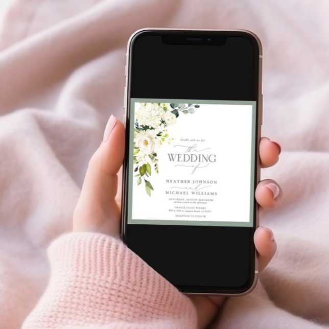 Elegant White Grey Green Floral Watercolor Script Invitation (Creator Uploaded)