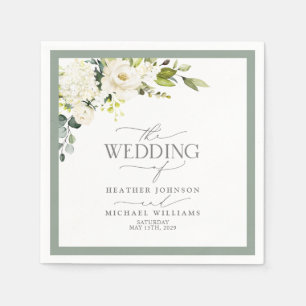 Elegant White Grey Green Floral Watercolor Wedding Napkin
