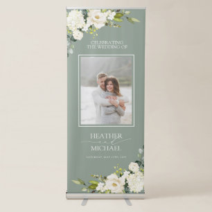 Elegant White Grey Green Floral Watercolor Wedding Retractable Banner