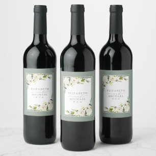 Elegant White Grey Green Floral Watercolor Wedding Wine Label