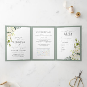 Elegant White Grey Green Meals Wedding Tri-Fold