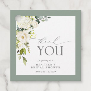 Elegant White Grey Green Watercolor Bridal Shower Favour Tags