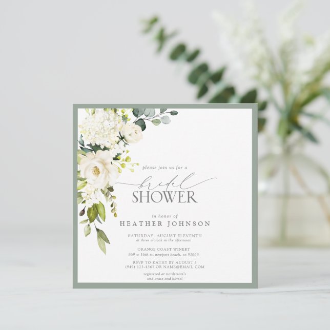 Elegant White Grey Green Watercolor Bridal Shower Invitation (Standing Front)