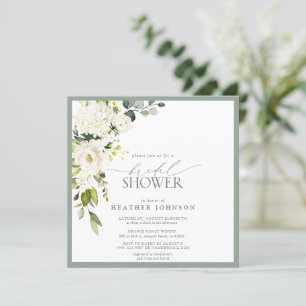 Elegant White Grey Green Watercolor Bridal Shower Invitation