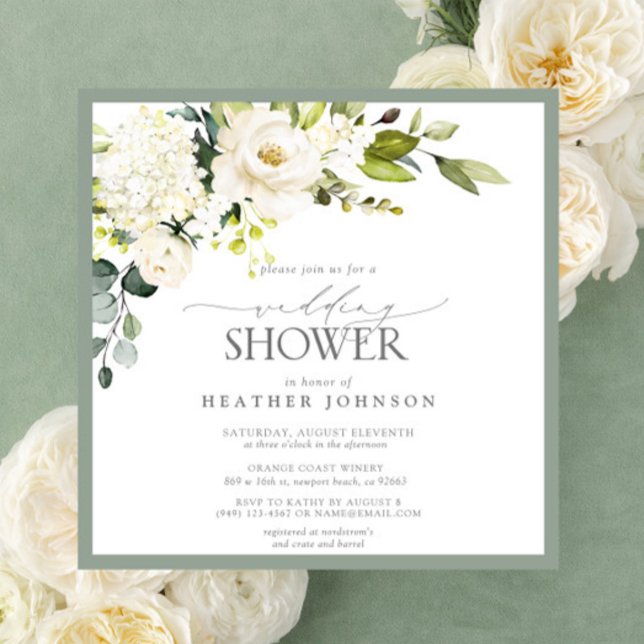 Elegant White Grey Green Watercolor Bridal Shower Invitation (Creator Uploaded)