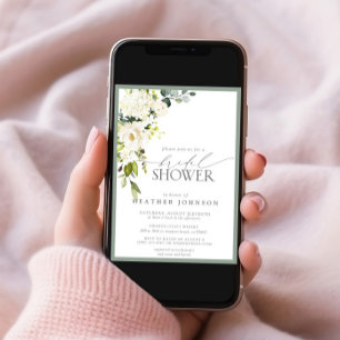 Elegant White Grey Green Watercolor Bridal Shower Invitation