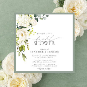 Elegant White Grey Green Watercolor Bridal Shower Invitation