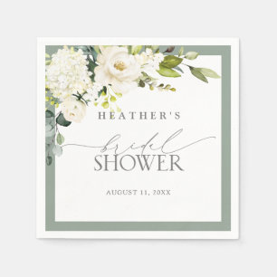 Elegant White Grey Green Watercolor Bridal Shower Napkin