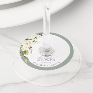 Elegant White Grey Green Watercolor Bridal Shower Wine Glass Tag