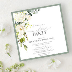 Elegant White Grey Green Watercolor Cocktail Party Invitation