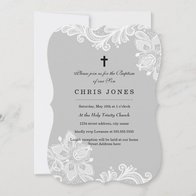 Elegant White Grey Lace baptism Invitation (Front)