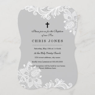 Elegant White Grey Lace baptism Invitation