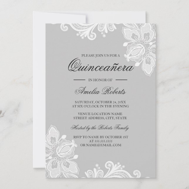 Elegant White Grey Lace Quinceanera Invitation (Front)