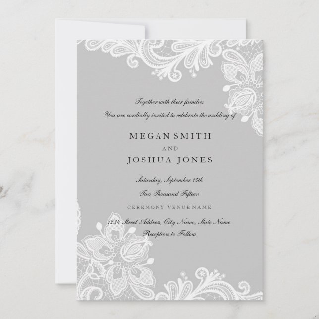 Elegant White Grey Lace Wedding Invitation (Front)