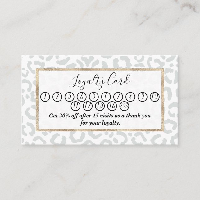 Elegant White Grey Leopard Cheetah Animal Print 15 Loyalty Card (Front)