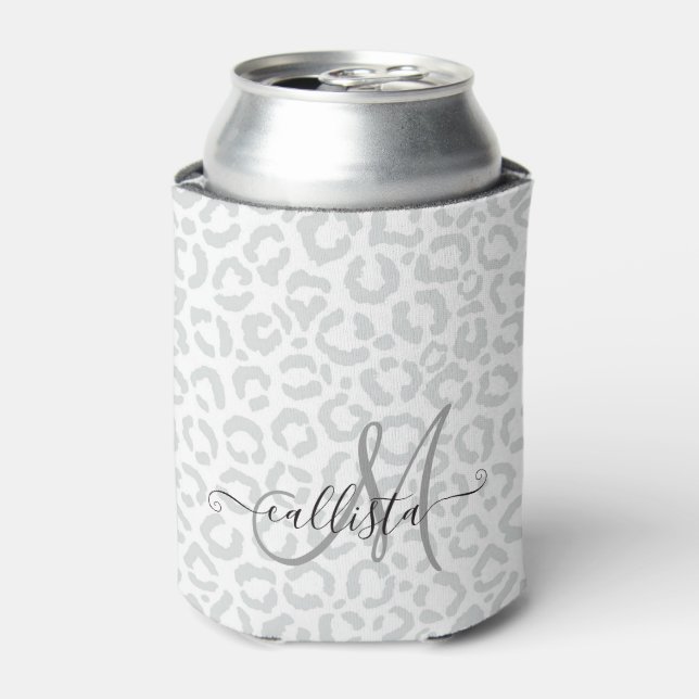Elegant White Grey Leopard Cheetah Animal Print Can Cooler (Can Front)