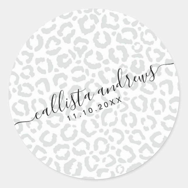 Elegant White Grey Leopard Cheetah Animal Print Classic Round Sticker (Front)