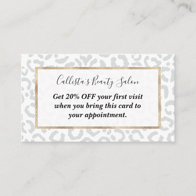 Elegant White Grey Leopard Cheetah Animal Print Discount Card (Front)