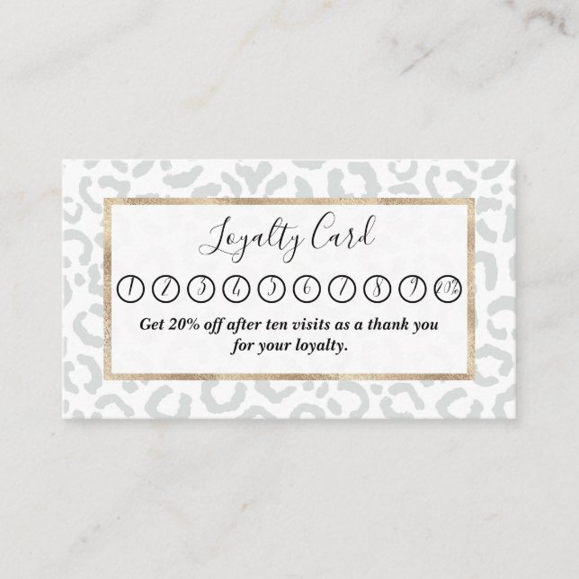 Elegant White Grey Leopard Cheetah Animal Print Loyalty Card (Front)