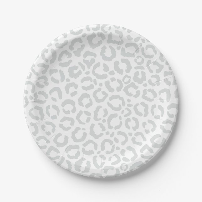 Elegant White Grey Leopard Cheetah Animal Print Paper Plate (Front)