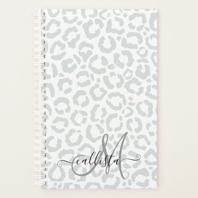 Elegant White Grey Leopard Cheetah Animal Print Planner (Front)