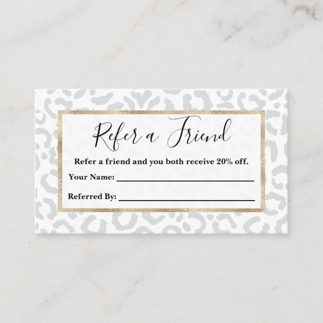 Elegant White Grey Leopard Cheetah Animal Print Referral Card (Front)