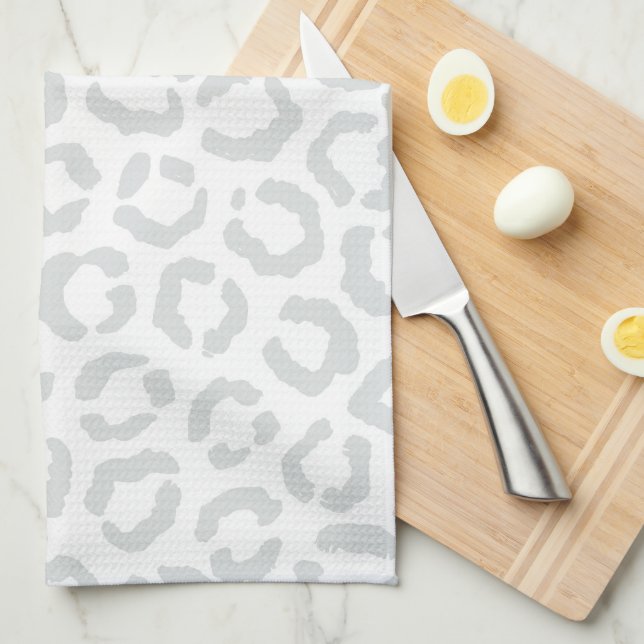 Elegant White Grey Leopard Cheetah Animal Print Tea Towel (Quarter Fold)