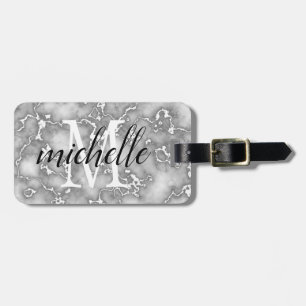Elegant White Grey Marble   Monogram Custom  Luggage Tag