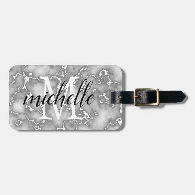 Elegant White Grey Marble | Monogram Custom  Luggage Tag (Front Horizontal)