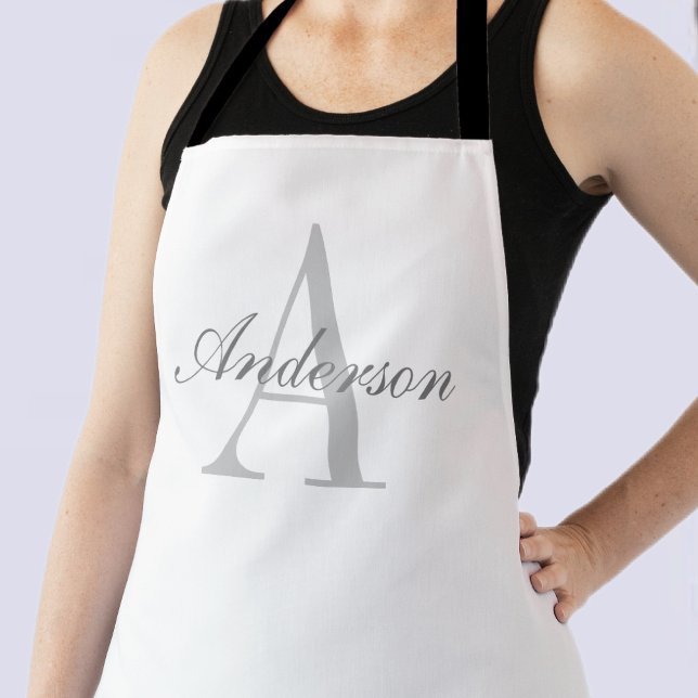 Elegant White & Grey Monogram Apron (Creator Uploaded)