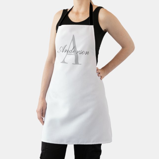 Elegant White & Grey Monogram Apron (Insitu)