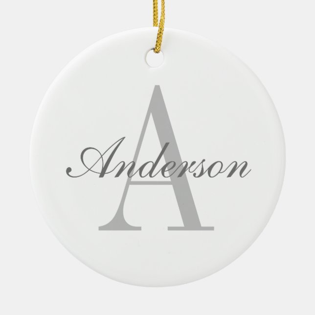 Elegant White & Grey Monogram Ceramic Tree Decoration (Front)