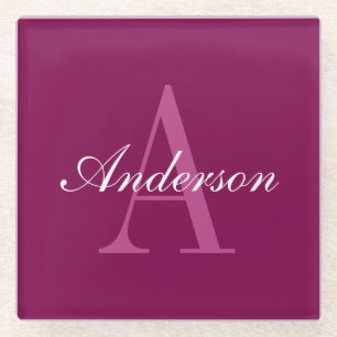 Elegant White & Grey Monogram Glass Coaster