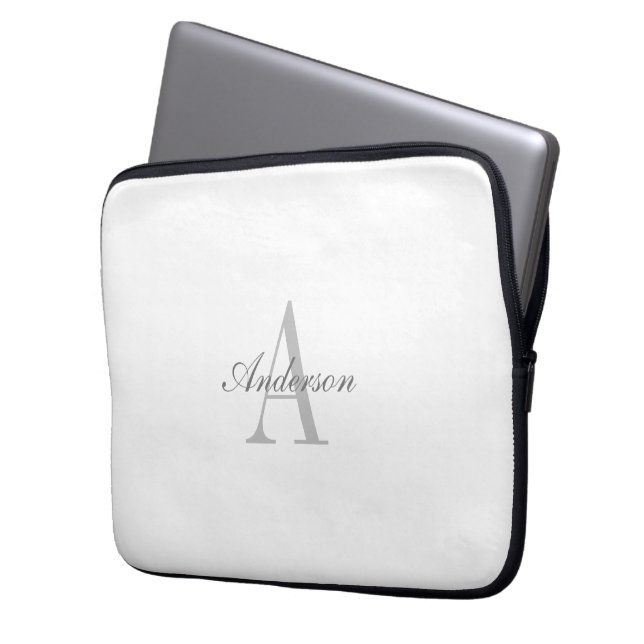 Elegant White & Grey Monogram Laptop Sleeve (Front Left)